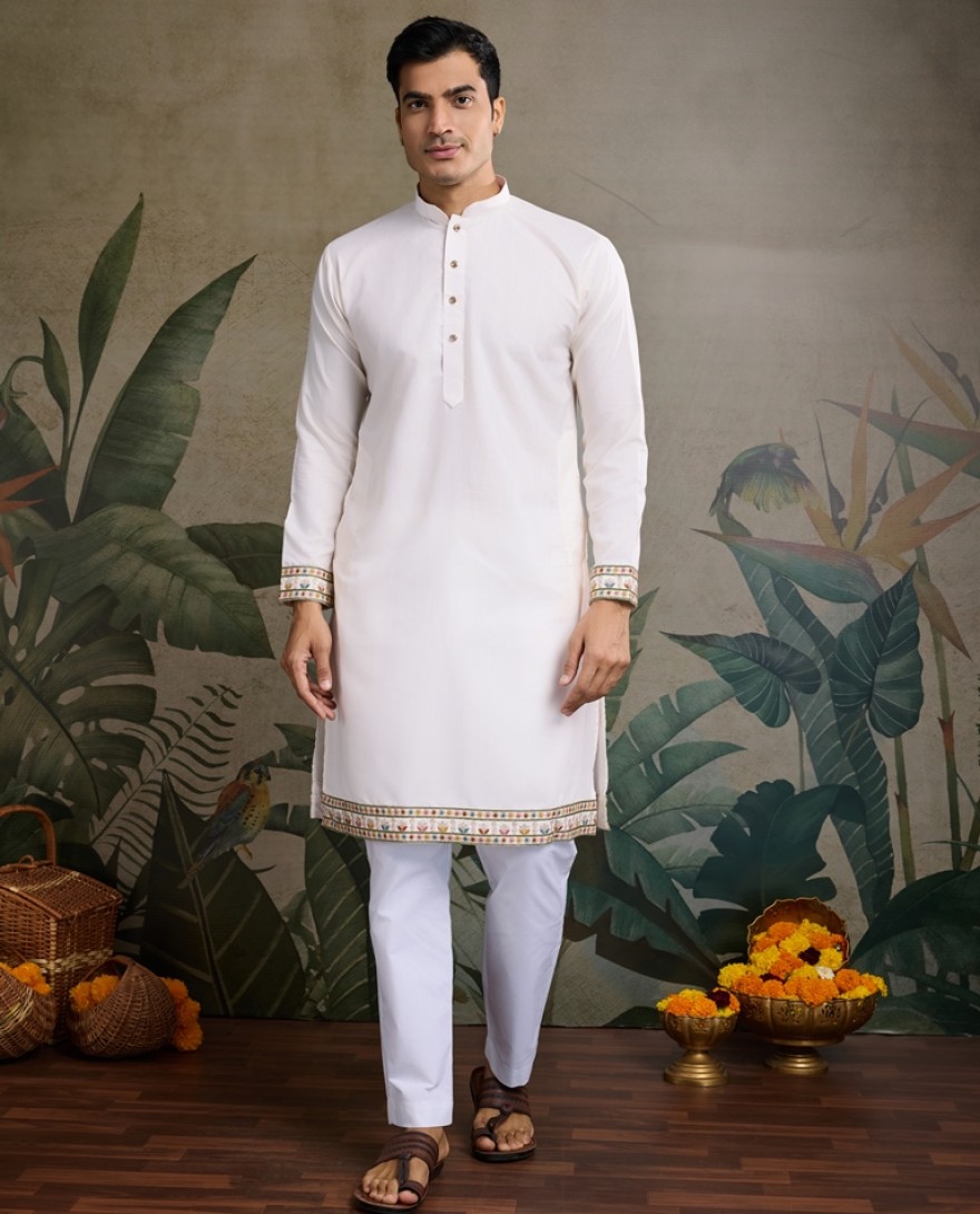 61232-white - Designer White Cotton Kurta with Embroidered Koti